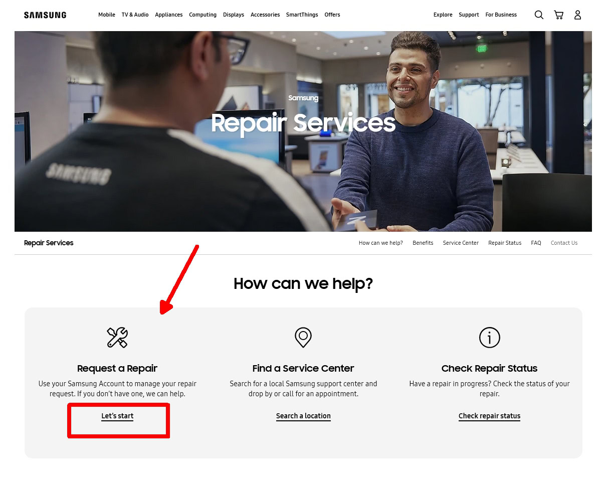 samsung repair services page