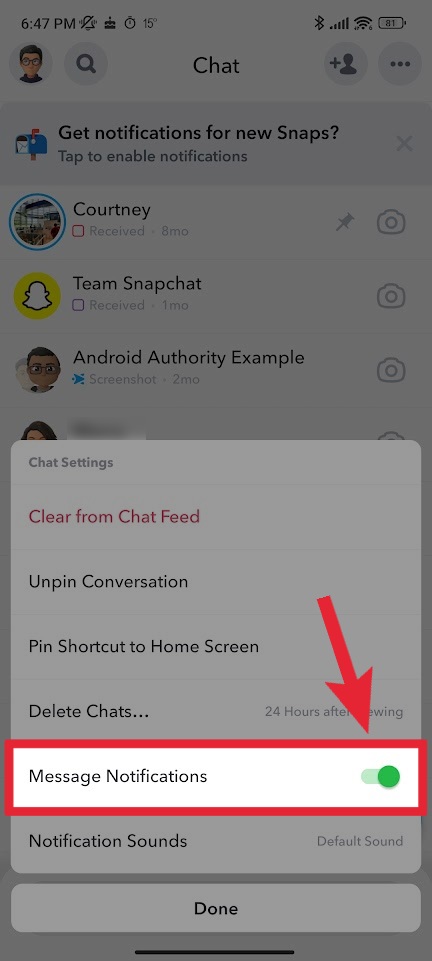 snapchat message notifications button