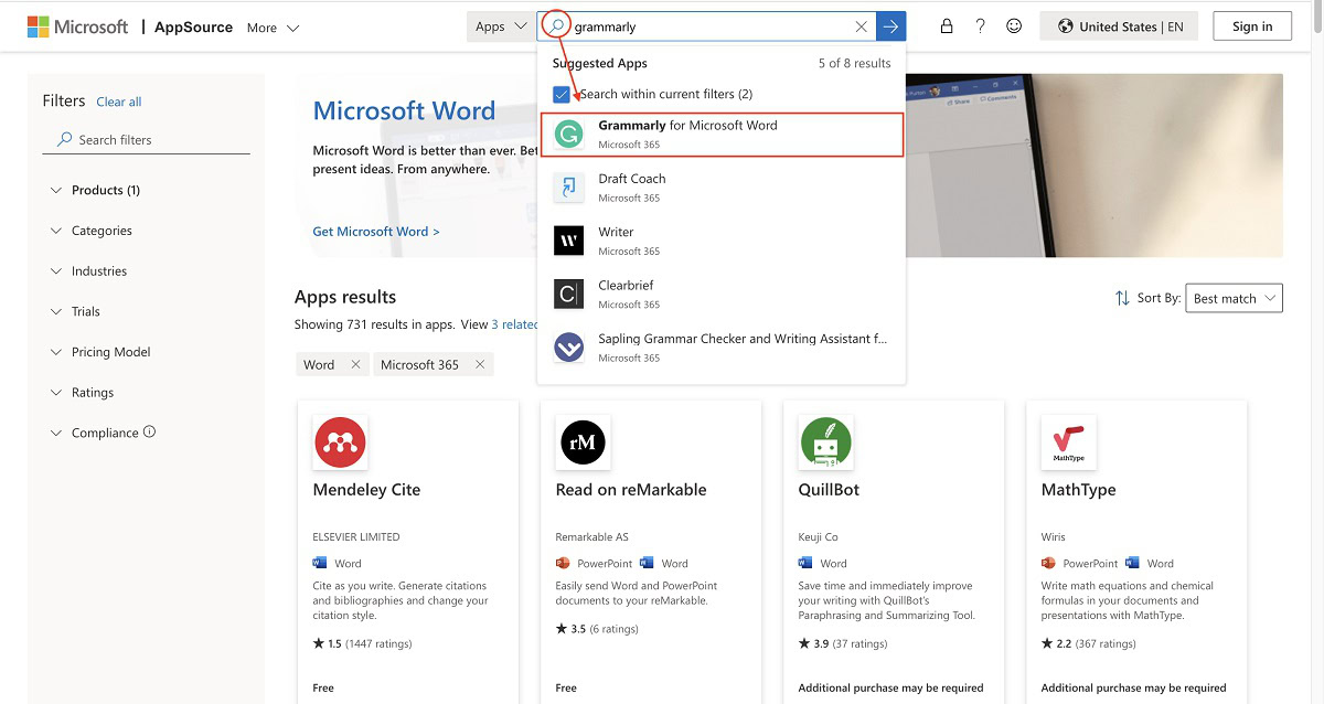 step 3 mac look up grammarly within appsource