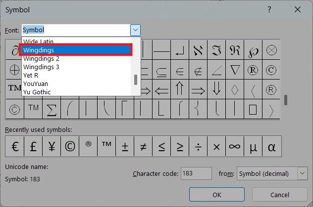 switch font within symbol to Wingdings Microsoft Word