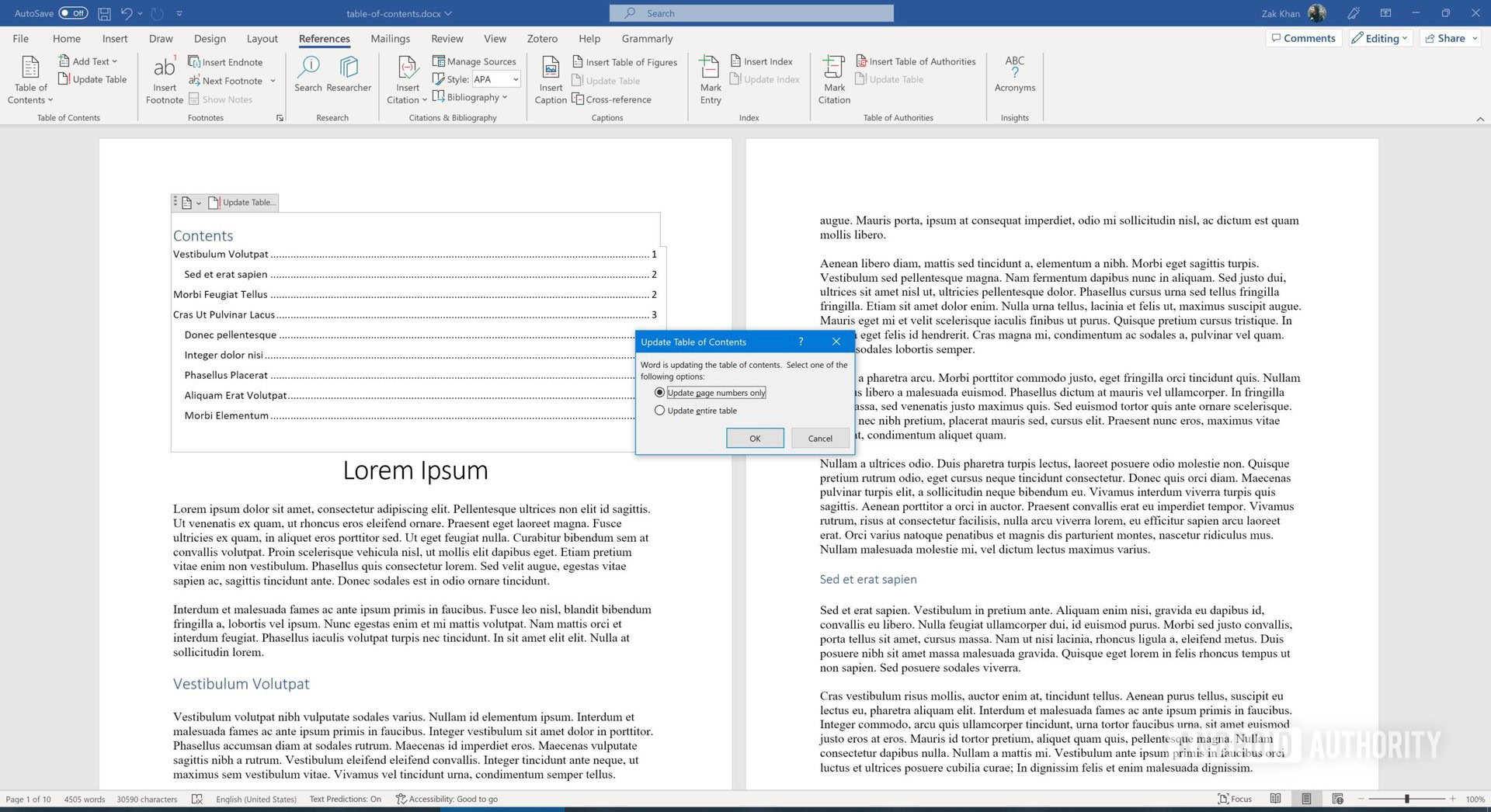 A screenshot of Microsoft Word showing the pop-up window of options available to update a table of contents including updating the page numbers or the entire thing.