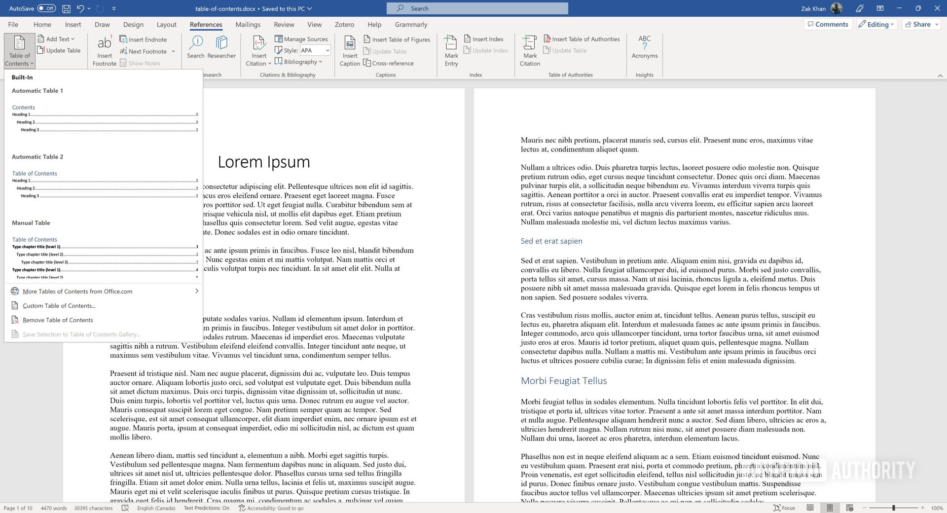 A screenshot of Microsoft Word showing the drop menu to insert a table of contents.