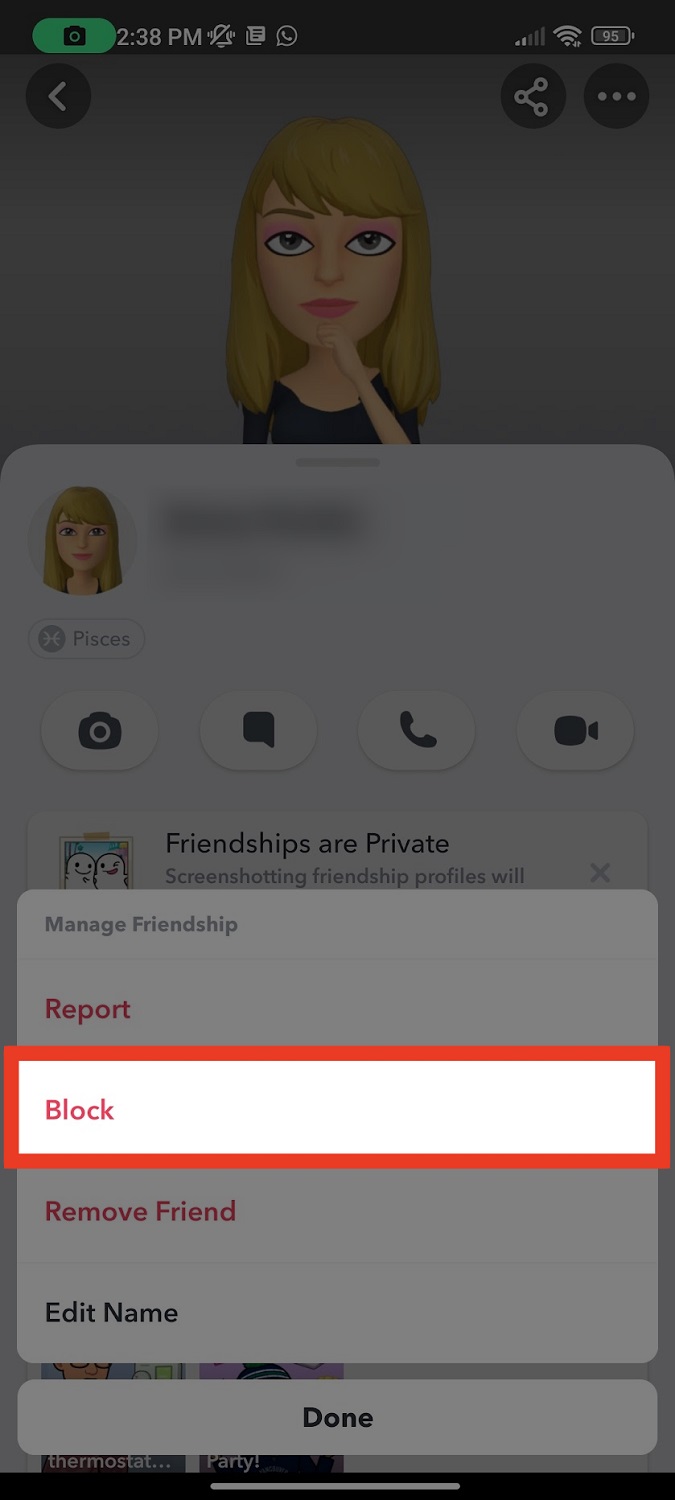اضغط على زر Block Red من الخيارات اللاحقة Snapchat
