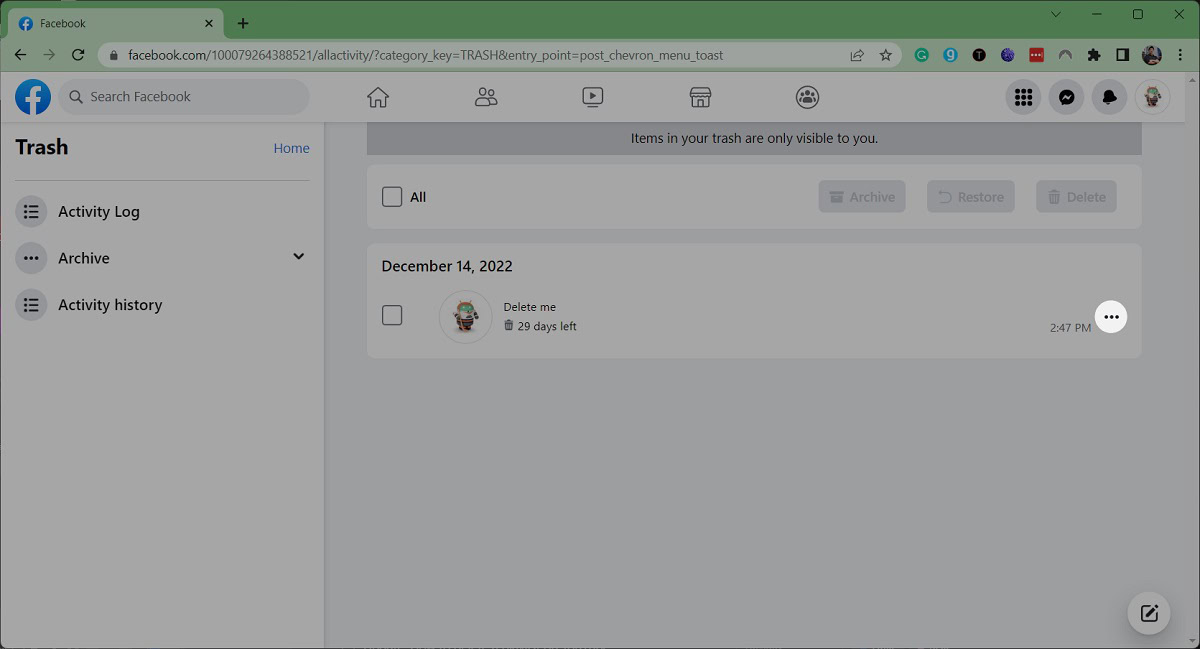 three dot button on trashed post facebook