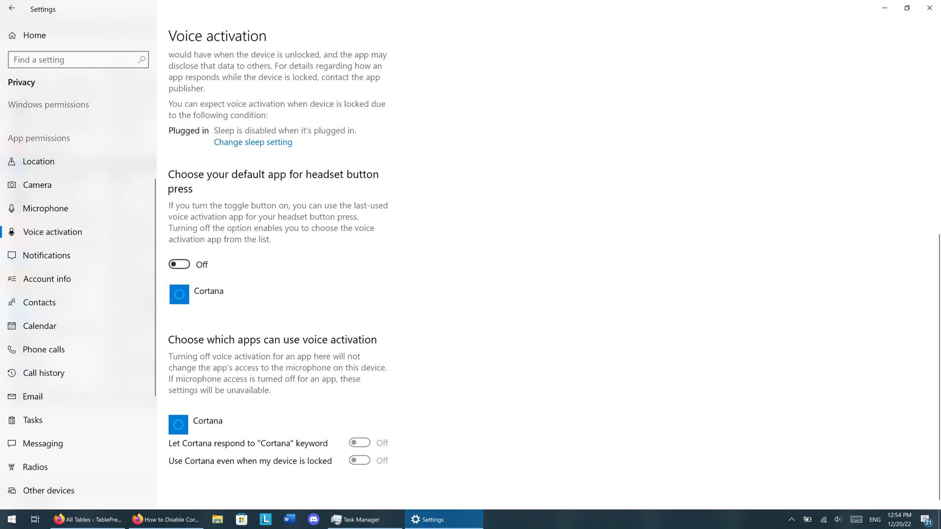 A screenshot of the Windows 10 Settings app showing the Privacy &gt; Voice Activation options, all disabled.