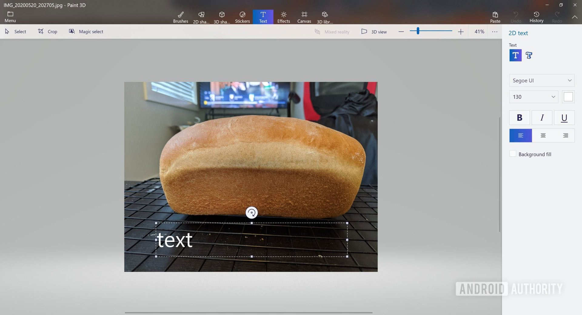 A screenshot of the Paint 3D app in Window showing the Text tool selected an text box being inserted on an image.