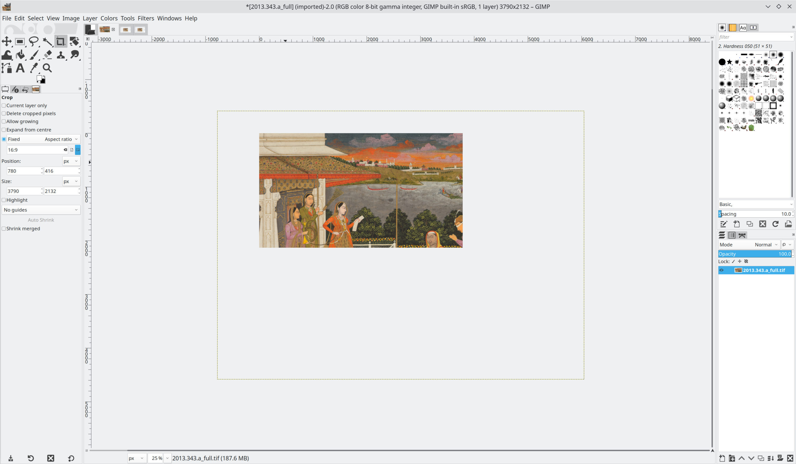 A screenshot of GIMP showing the user interface and a Mughal miniature painting open in the program being cropped.