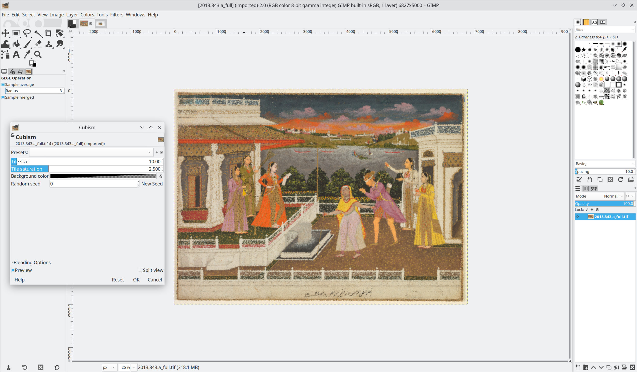 A screenshot of GIMP showing the user interface and a Mughal miniature painting open in the program with the cubism filter applied.
