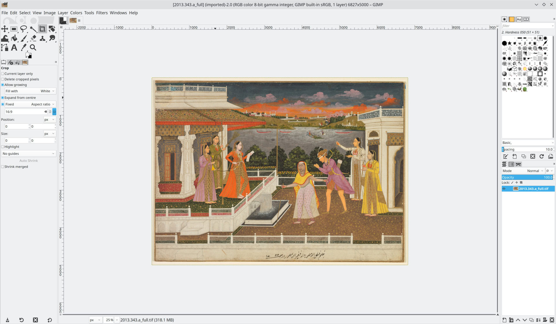 A screenshot of GIMP showing the user interface and a Mughal miniature painting open in the program.