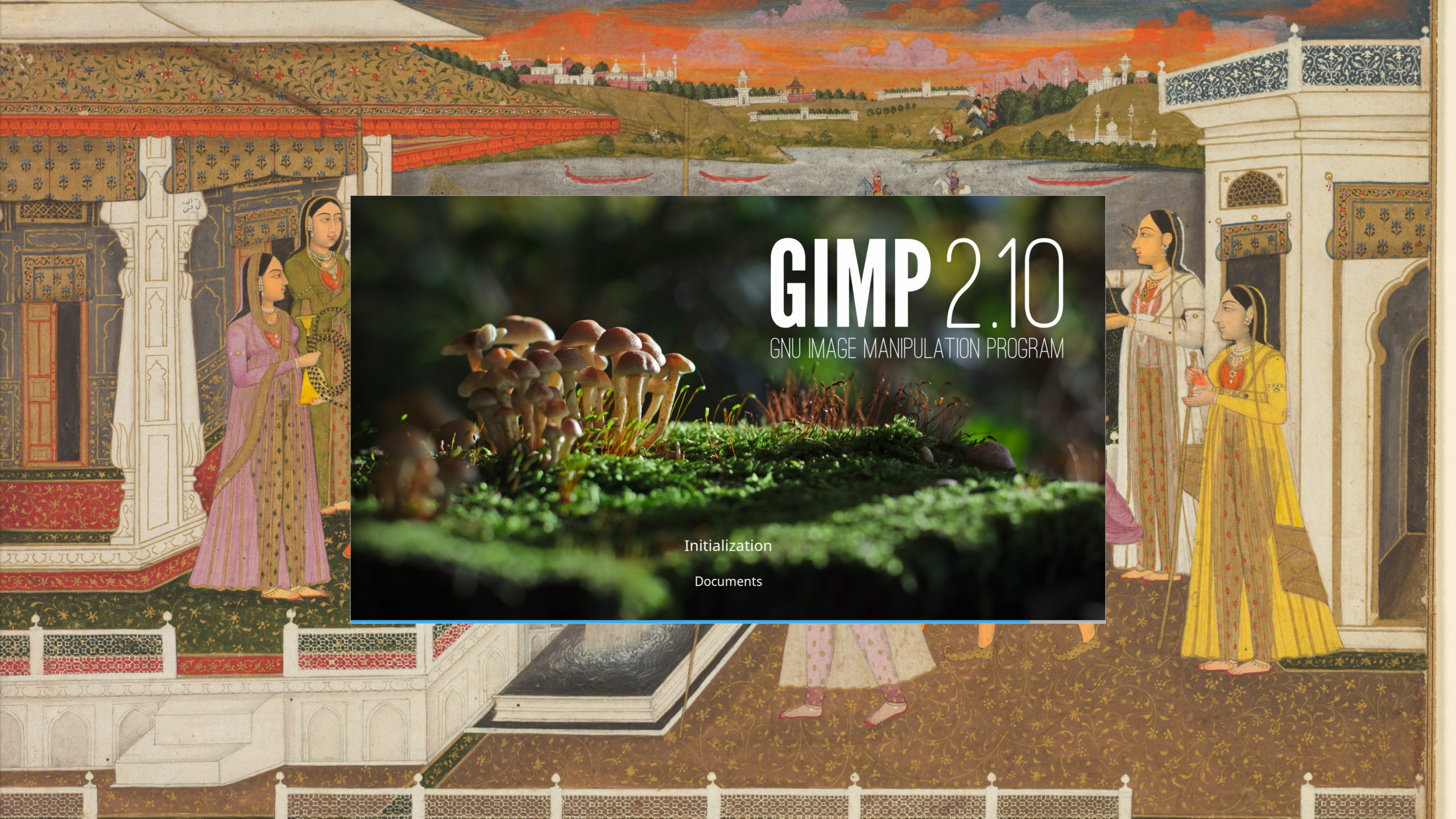 A screenshot of the GIMP 2.10 splash screen on Linux.
