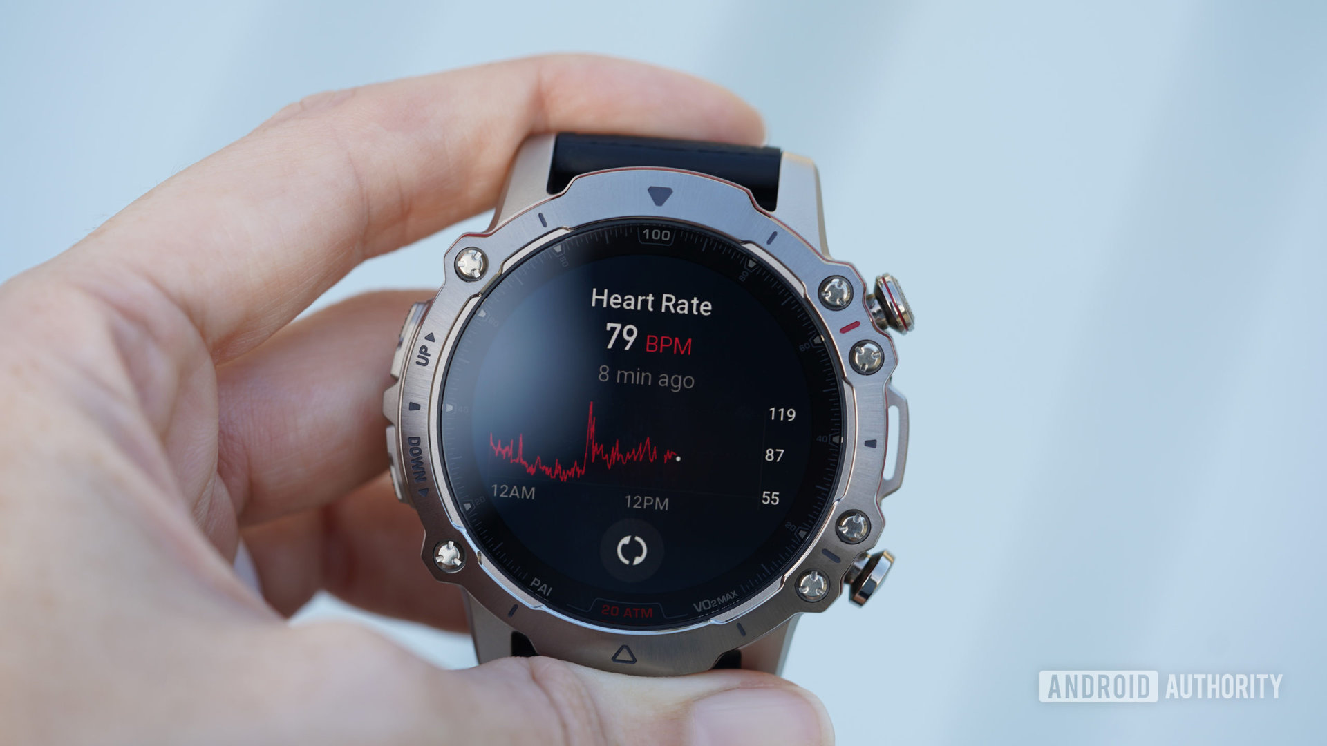 An Amazfit Falcon displays a user's heart rate data.