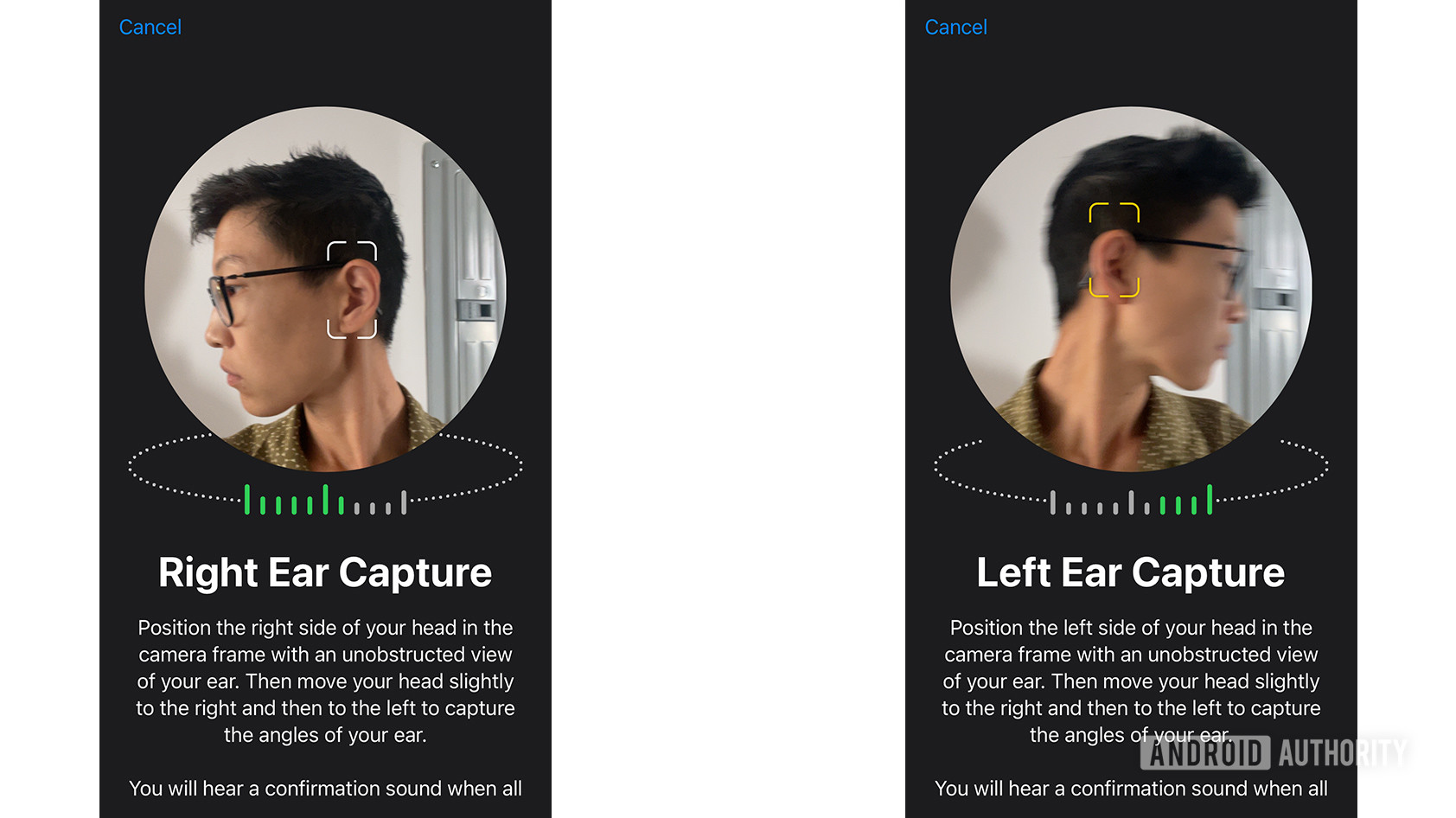 A person uses Apple Spatial Audio personalization to take photos of their ears.