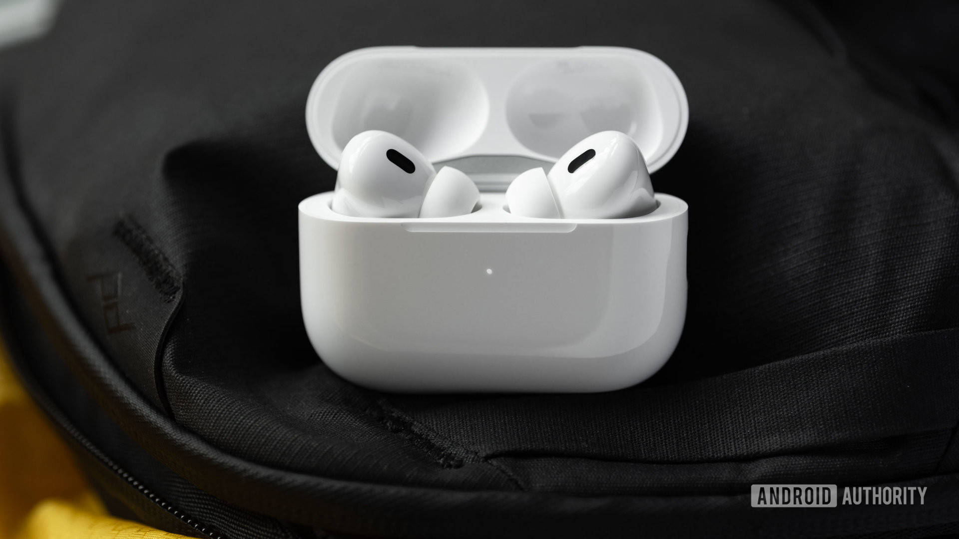 The Apple AirPods Pro (2nd generation) case is open and laying at an angle to show the earbuds and their sensors.