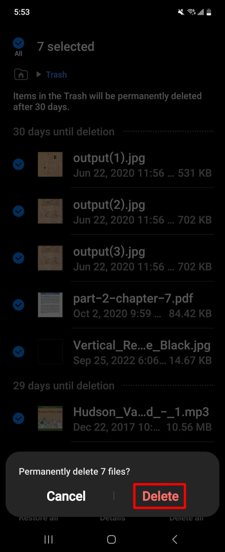 Samsung My Files Confirm Empty trash