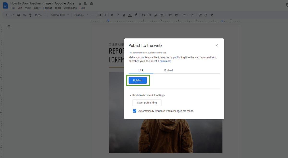 How to Download an Image in Google Docs Publish Button 1