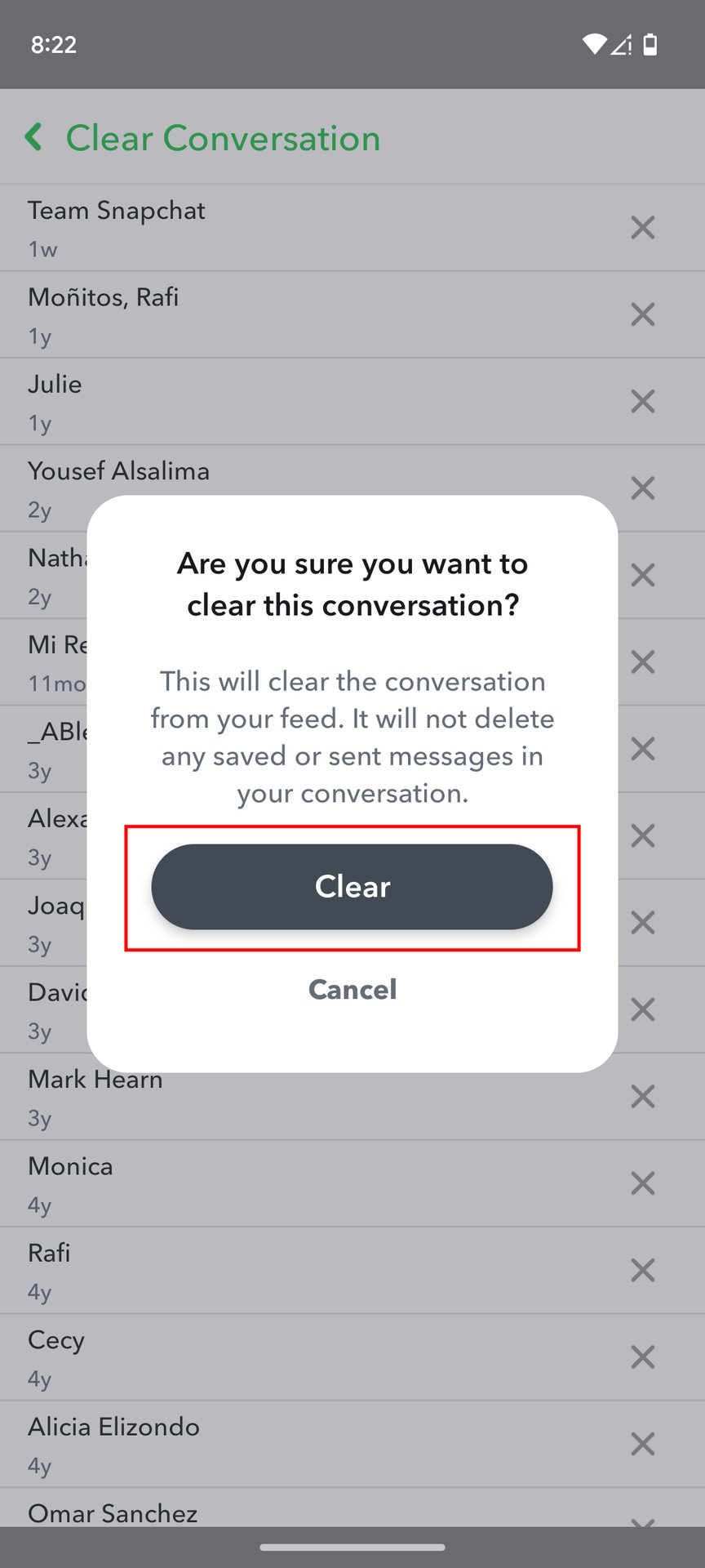 How to clear a conversation on Snapchat for Android 5