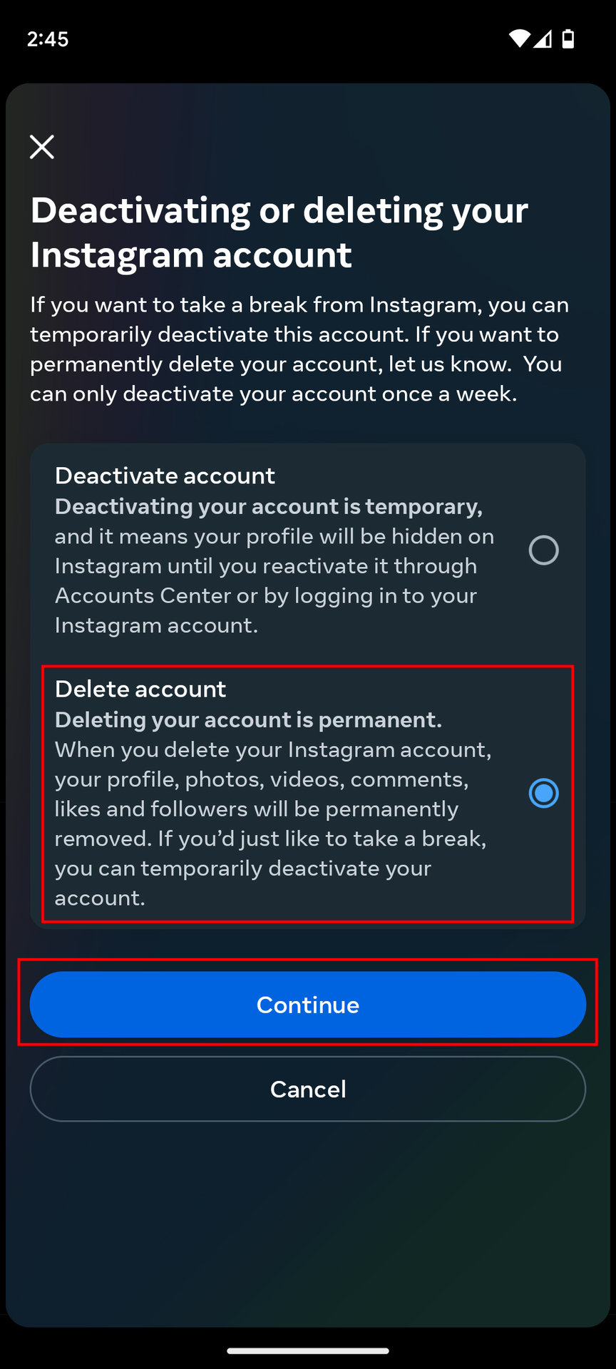 How to delete Instagram account on Android 6