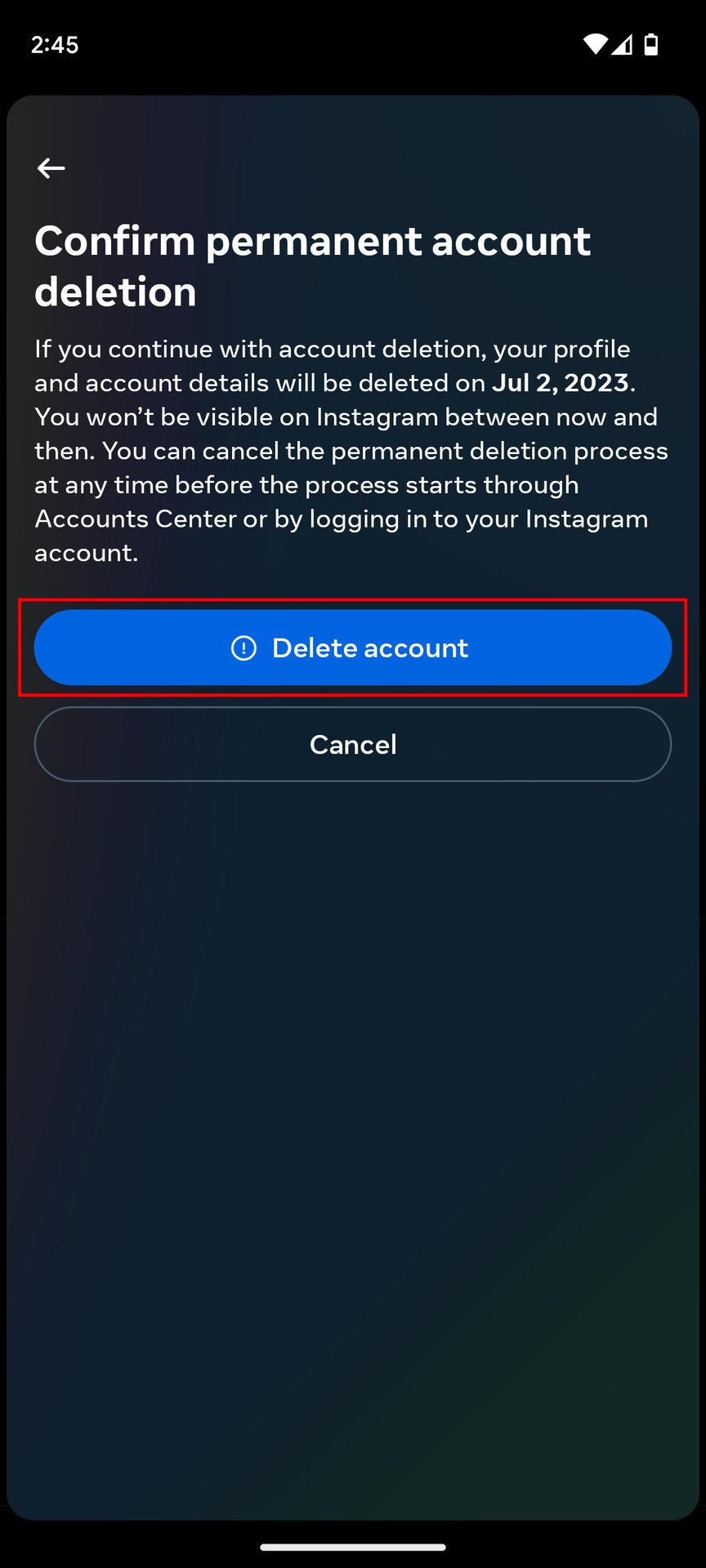 How to delete Instagram account on Android 9