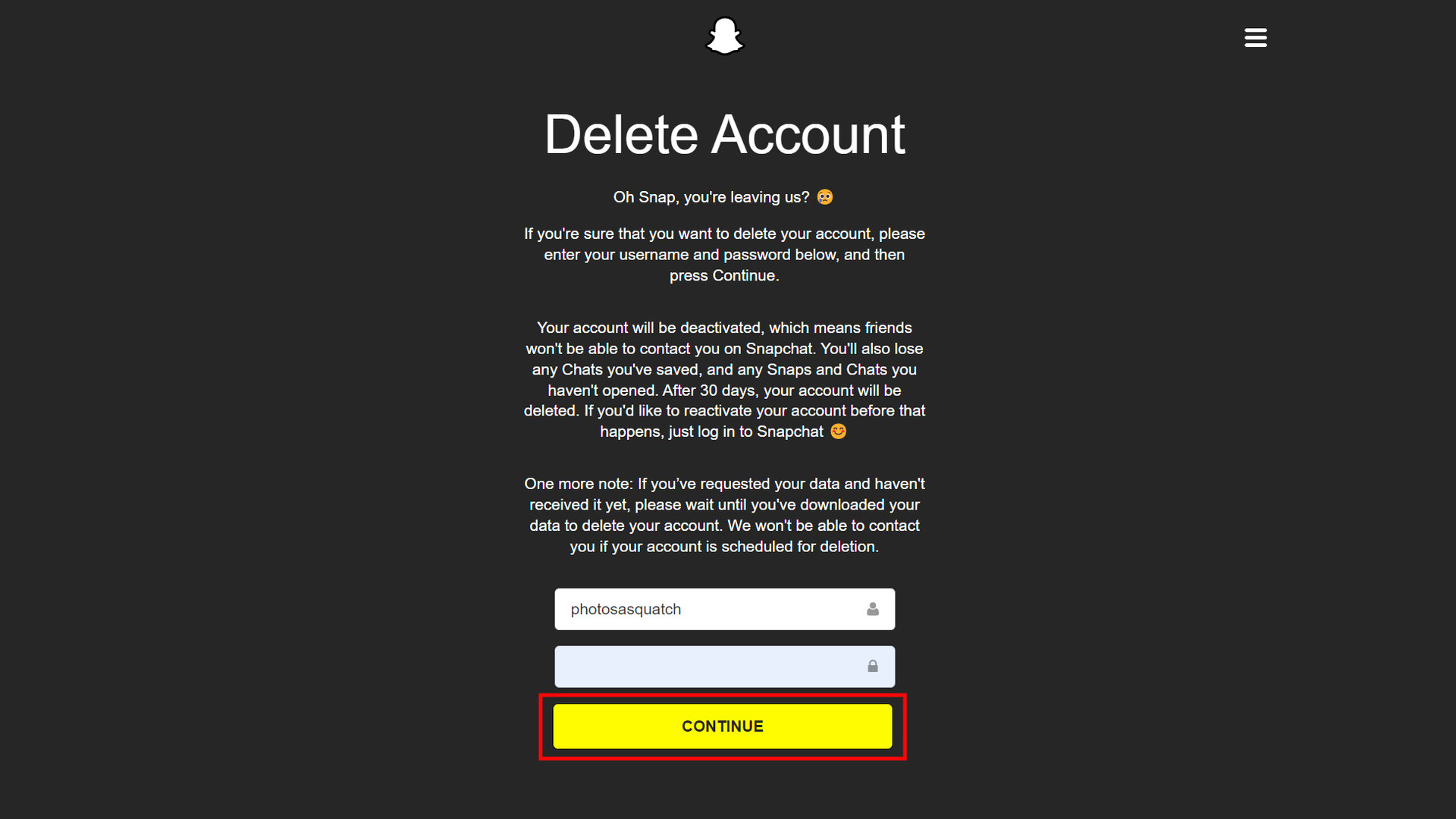 How to delete your Snapchat Account using the web 4