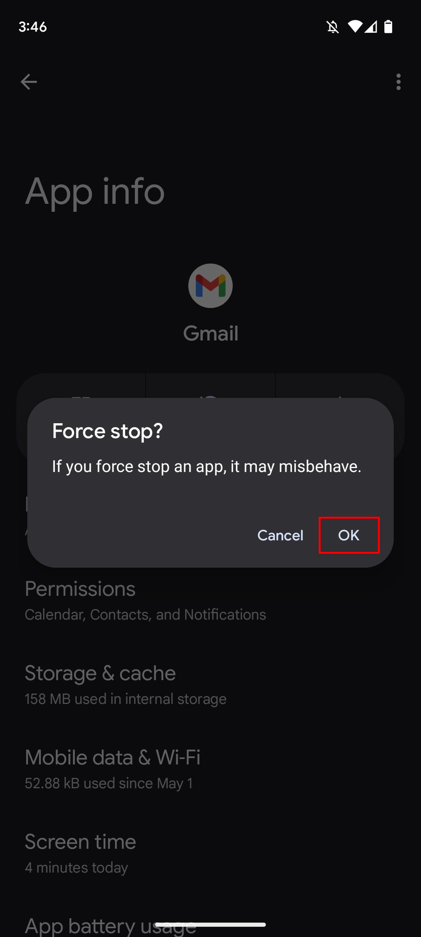 How to force stop Gmail on Android 4