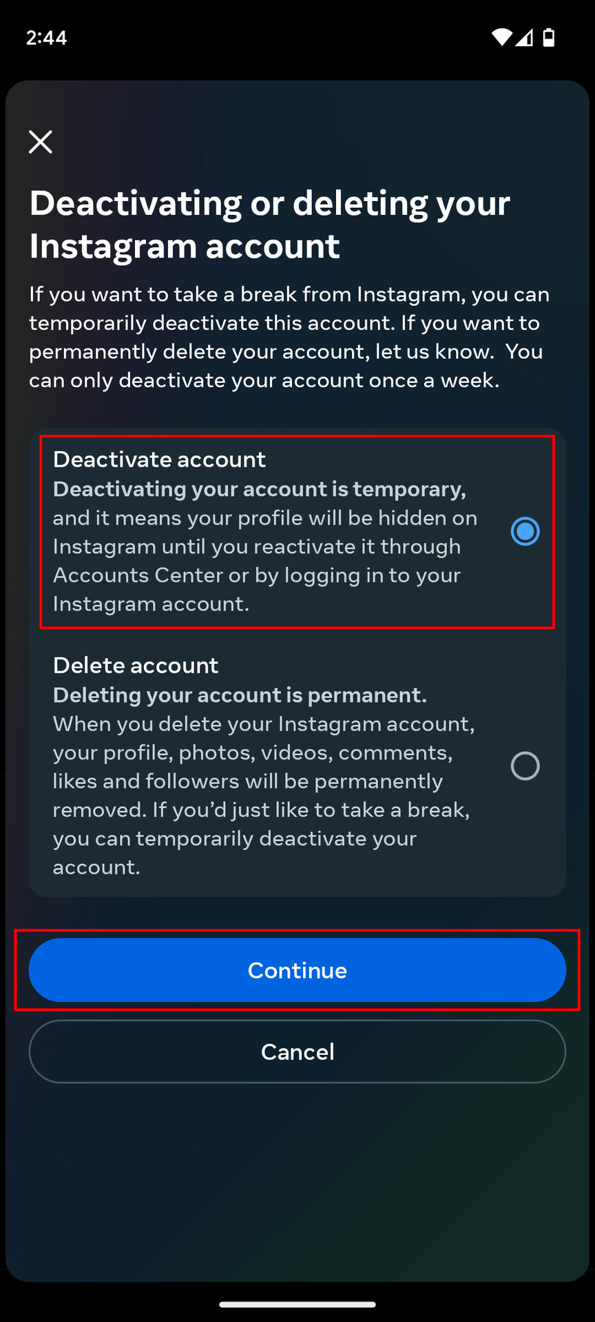 How to temporarily deactivate Instagram on Android 6
