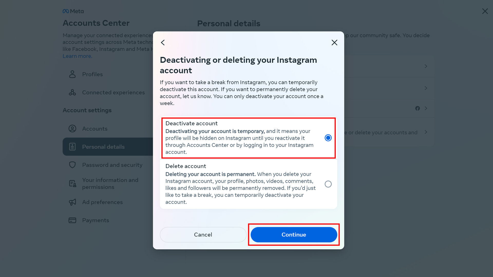 How to temporarily deactivate Instagram on a browser 5