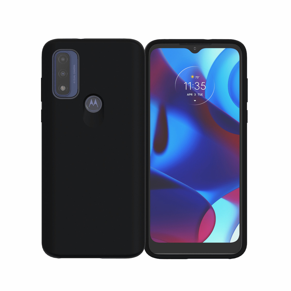 A Motorola Essentials Moto G Pure (2021) Protective Case shown on a Moto G Pure from the front and back against a white background.