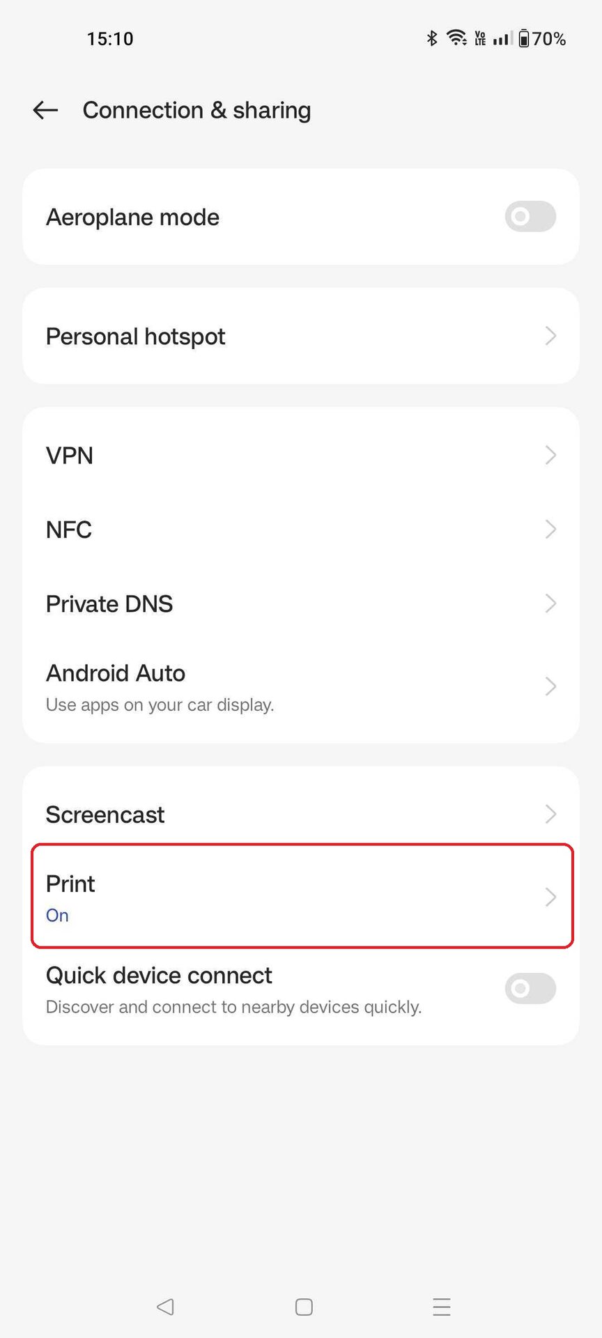 OnePlus 8 Connection and Sharing Menu