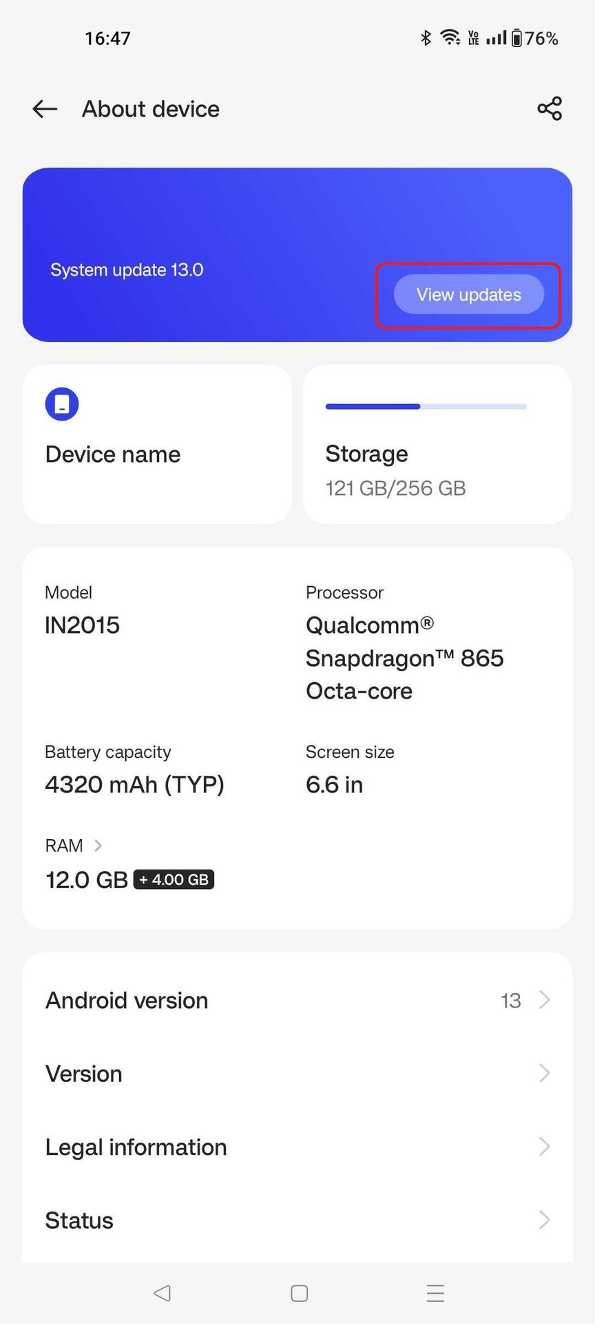 OnePlus 8 about device updates