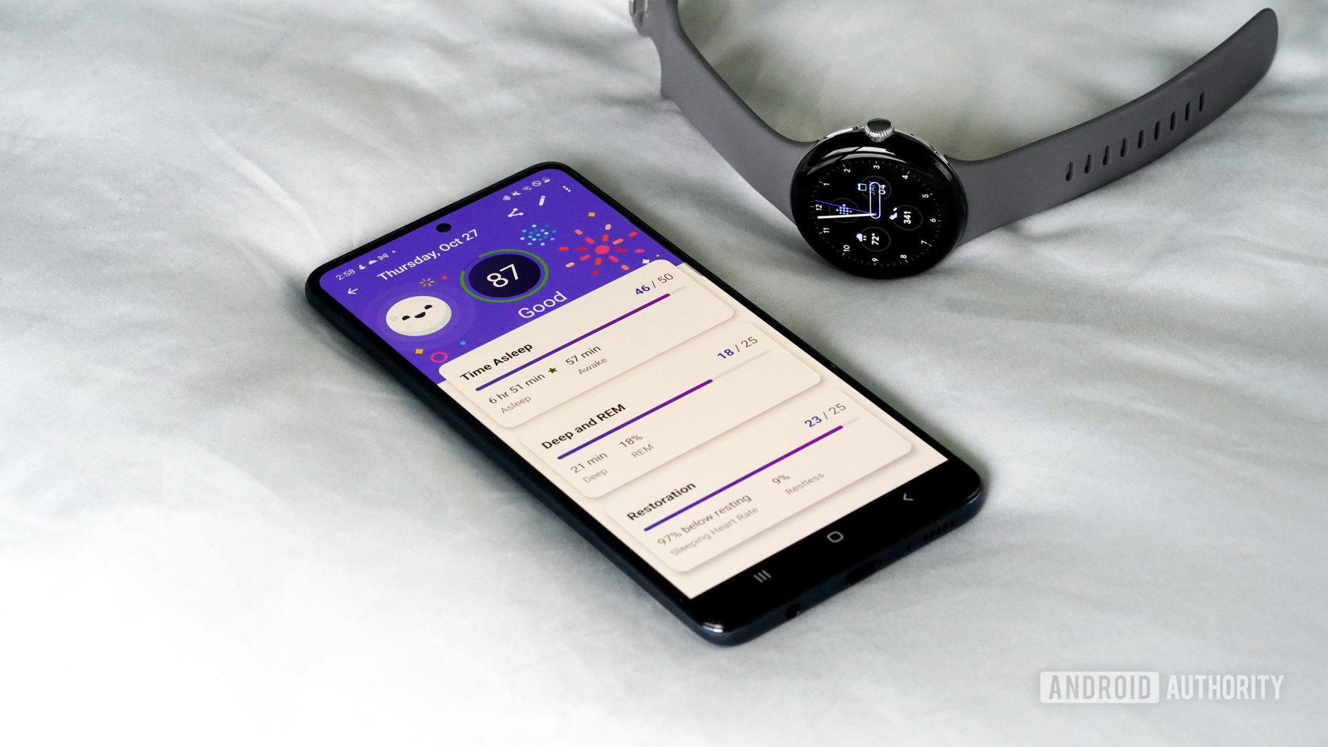 A Galaxy A51 displays a Pixel Watch user's sleep tracking data.