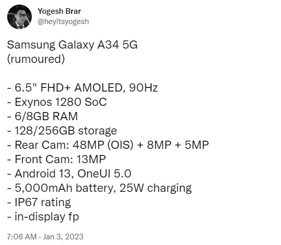 Samsung Galaxy A34 5G teknik özellikleri Yogesh Brar Twitter
