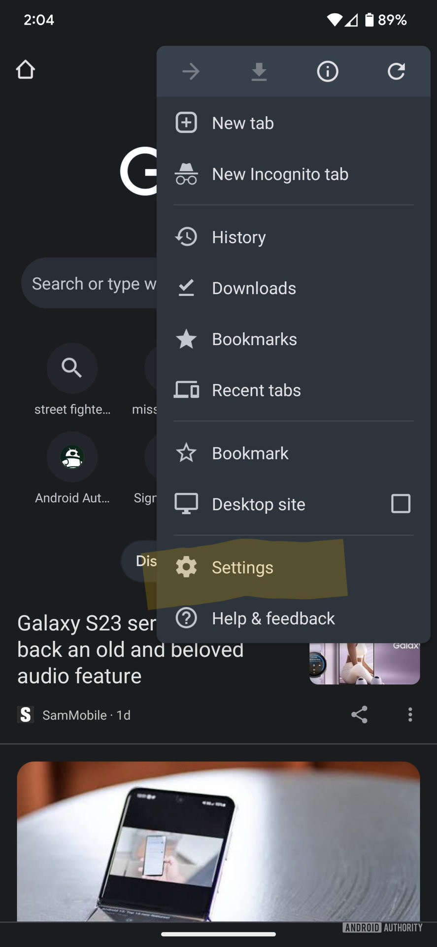 Chrome on Android settings screenshot