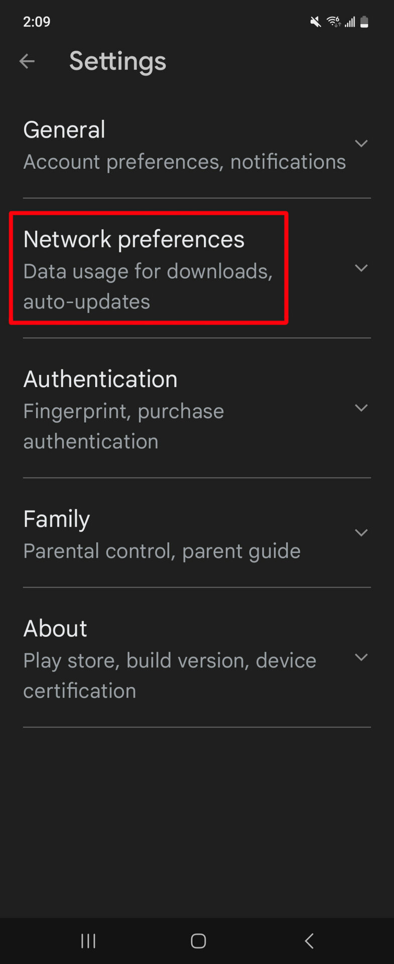 Google Play Store Settings Page