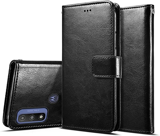 A product image of the black Yjrop faux leather wallet case showing three different views of the case.