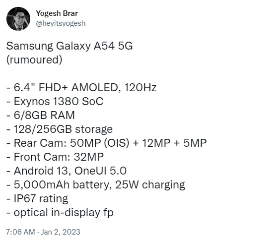 Yogesh Brar Samsung Galaxy A54 specs