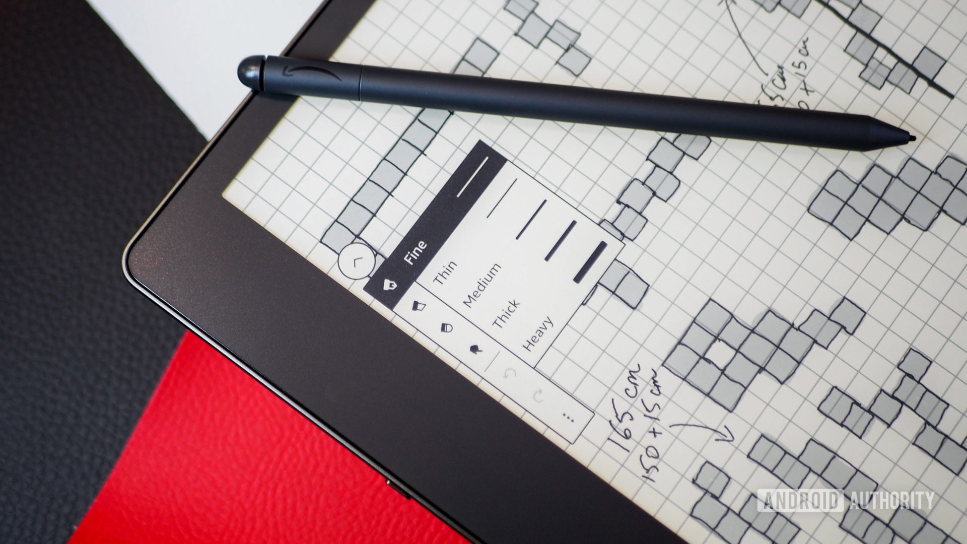 Digital pen options on a sketchpad on the Amazon Kindle Scribe with the Premium Pen on top