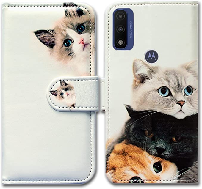 A product image of the Bcov leather flip wallet case for the Moto G Pure. The case is white with images of various cats on it.