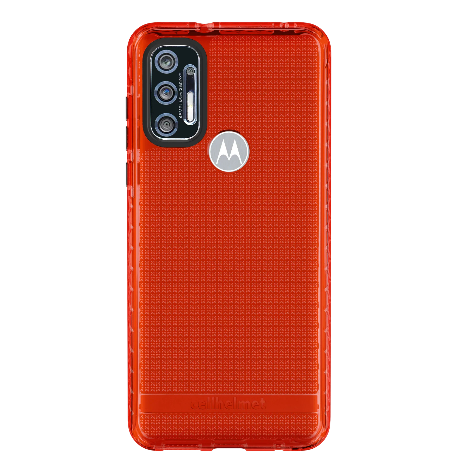 A product image of a red Cellhelmet Attitude X Series case for the Moto G Pure showing the back of the case attached to a phone.