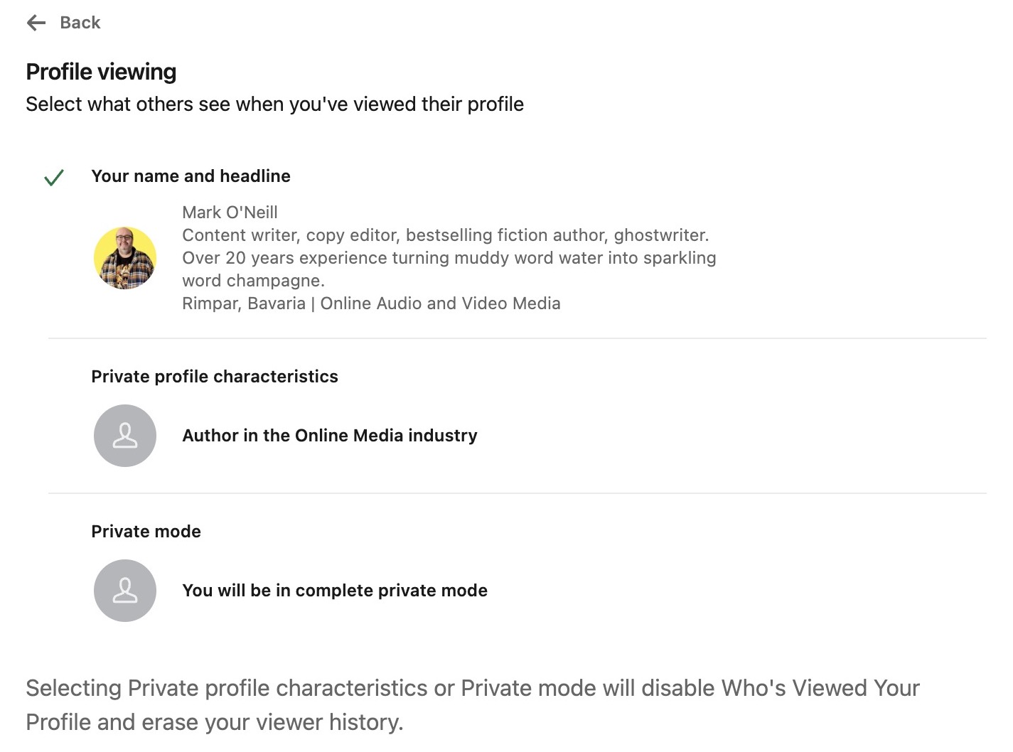 change linkedin profile to private