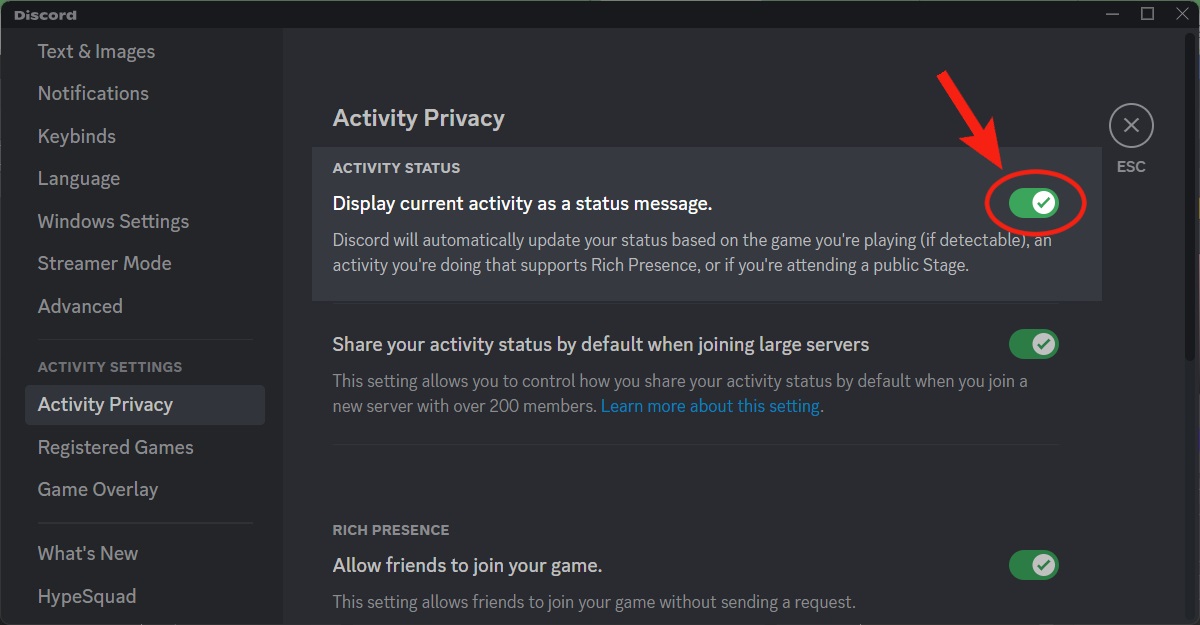 click display game activity discord