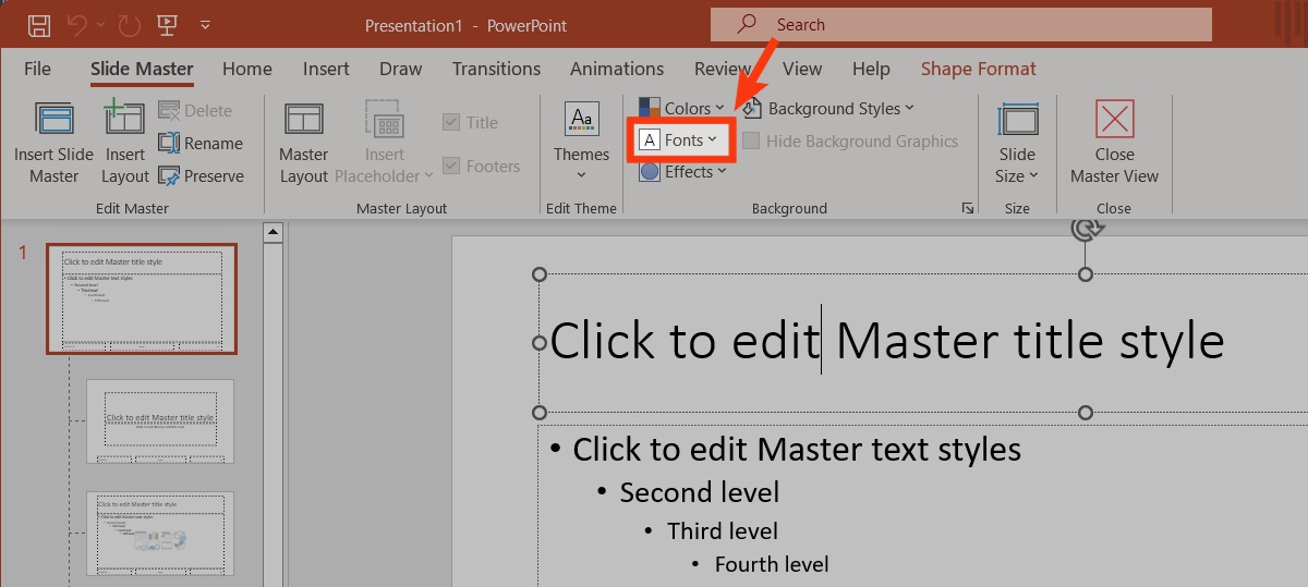 click fonts in background section slide master powerpoint