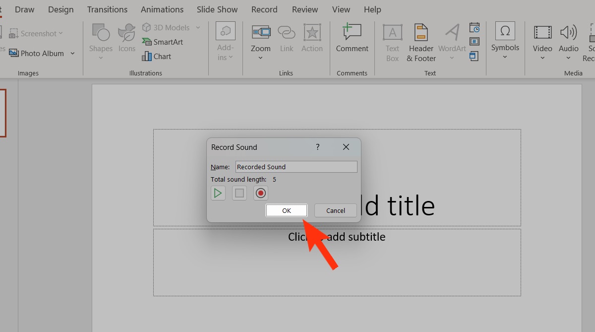 click ok after finishing recording in powerpoint