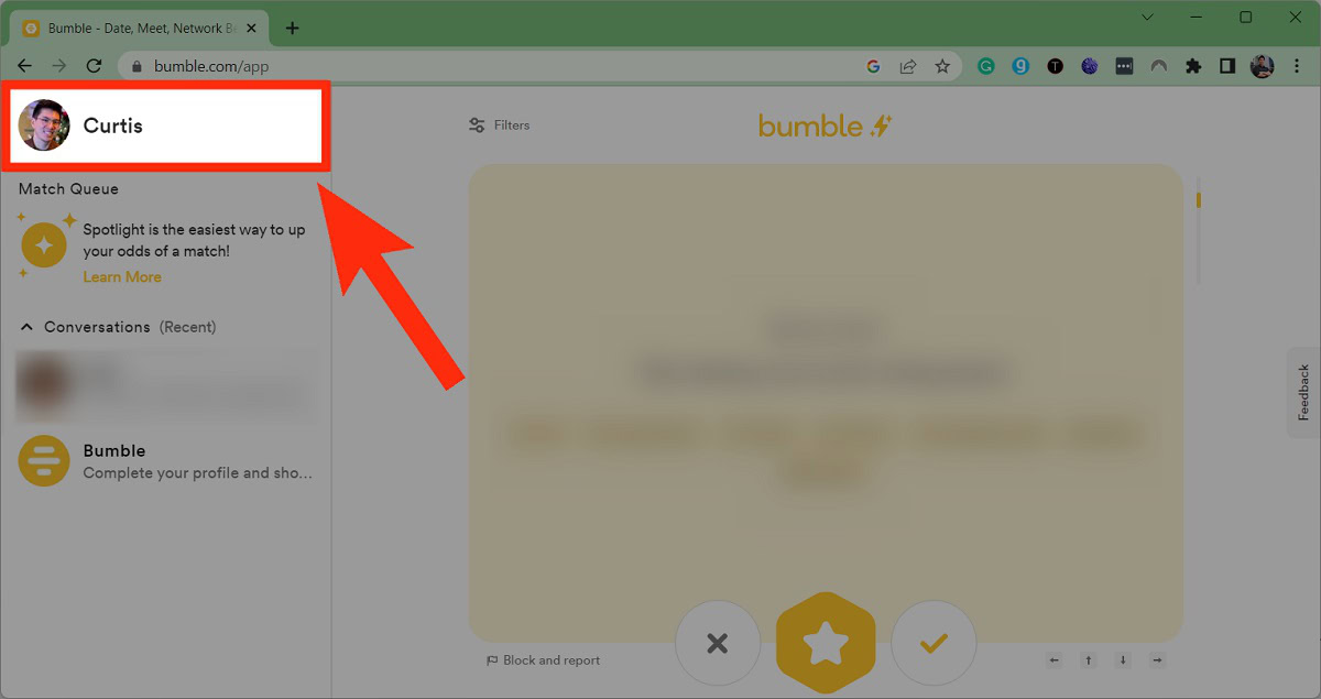 click profile picture top left bumble website