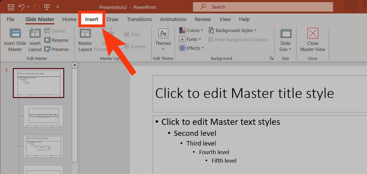 click the insert tab powerpoint master view