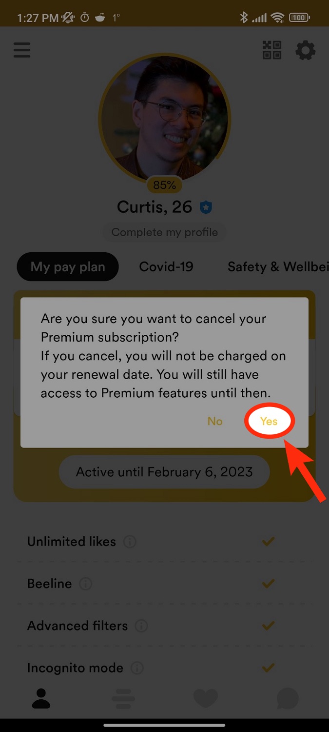 click yes bumble cancellation for subscription