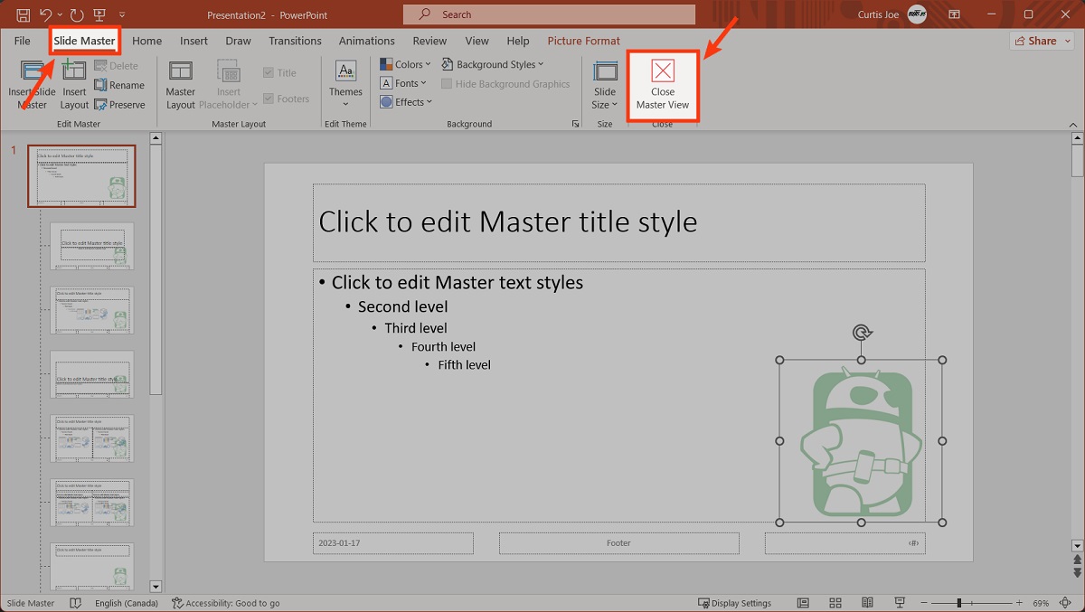 close master view powerpoint for picture