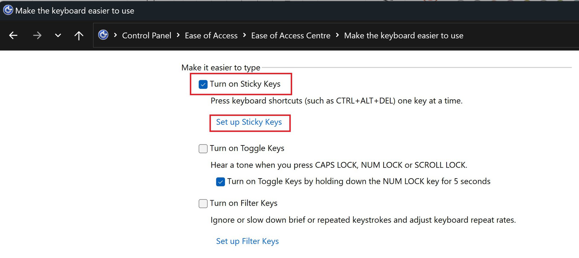 control panel sticky keys settings