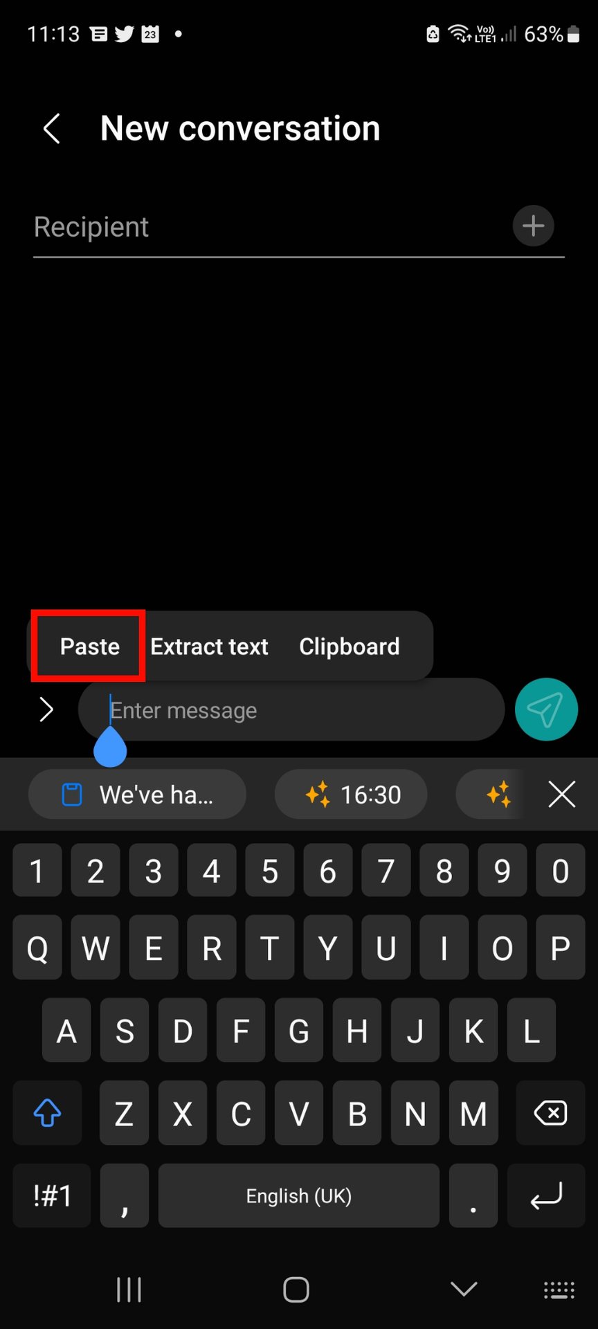 pasting the contents of a text message into a new message