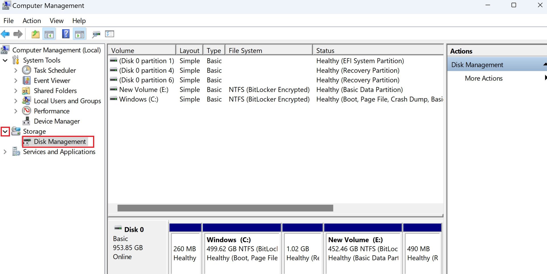 disk management options in computer management menu