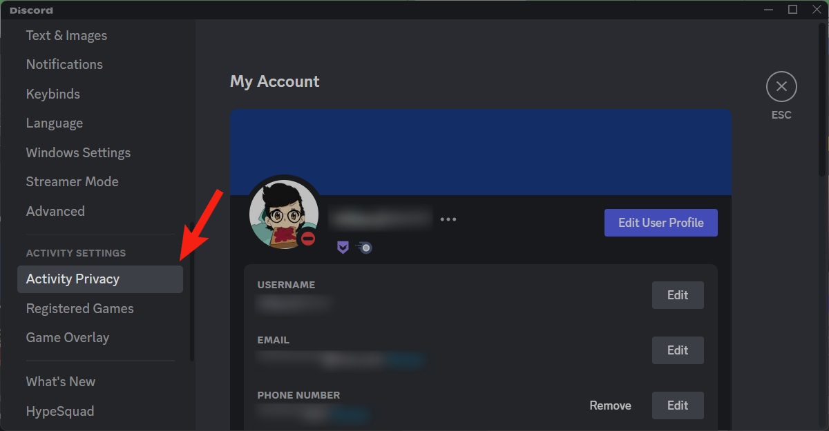 go to activity privacy in discord